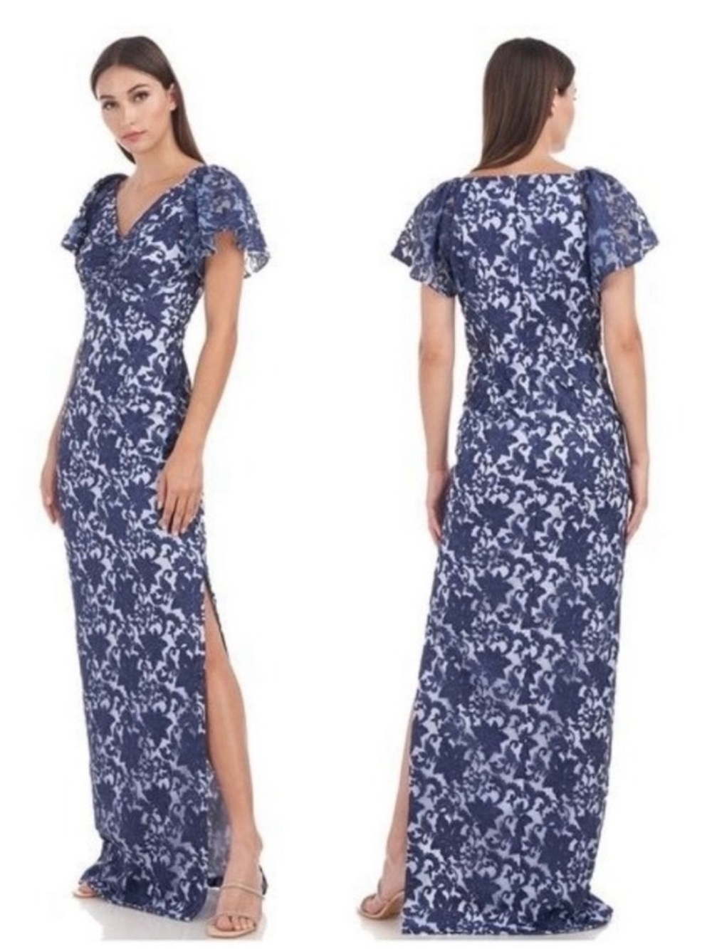 JS Collections Aurora Blue Floral Lace Maxi Dress with Flutter Sleeves